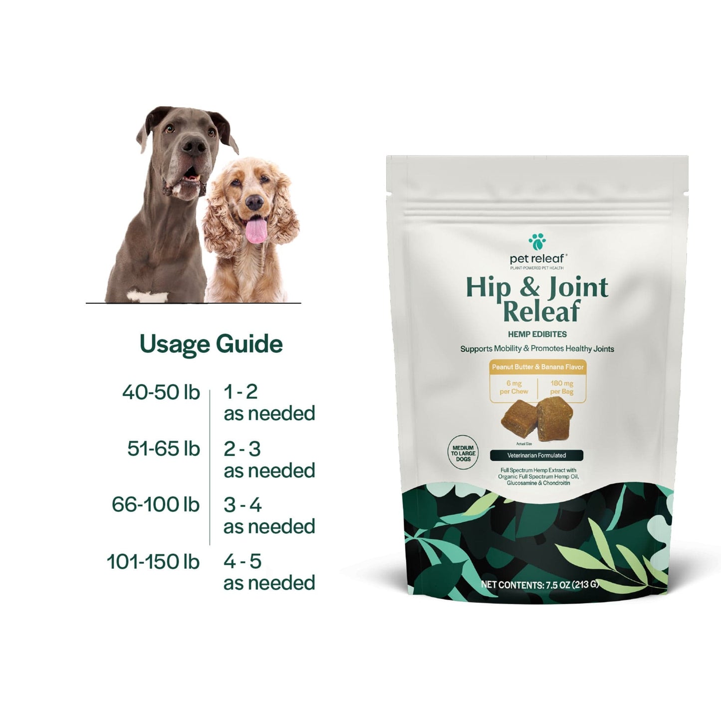 Pet Releaf Hip & Joint Releaf Edibites for Medium & Large Dogs Peanut Butter & Banana Flavor