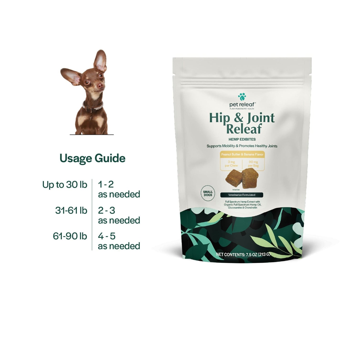 Pet Releaf Hip & Joint Releaf Edibites for Small Dogs Peanut Butter & Banana Flavor