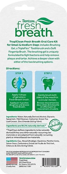 TropiClean Fresh Breath Oral Care Plaque & Tartar Remover Small/Medium Dog Toothbrush Kit